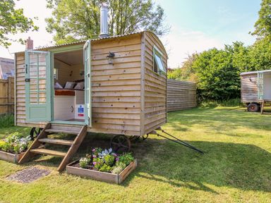 A wooden shepherds hut with open double doors and flower beds on a lawn at Acres Meadow in Maiden Newton