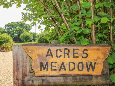 A wooden sign reading Acres Meadow on a post with trees and grass behind at Acres Meadow in Maiden Newton