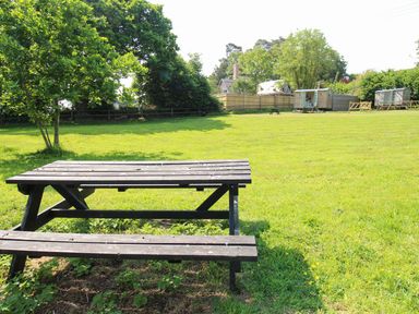 A picnic table on grass with trees and wooden cabins in the background at Acres Meadow in Maiden Newton
