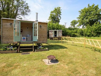 A grassy yard with two wooden huts on wheels and a small fire pit at Acres Meadow in Maiden Newton