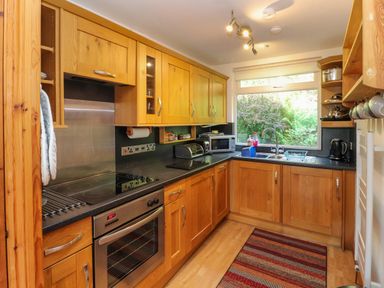 A kitchen with wooden cabinets a stove microwave toaster and a window overlooking greenery at Bluebells in Chapel Stile
