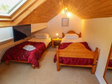 A bedroom with two single beds with red comforters and wooden frames a TV on the wall and a skylight window at Bluebells in Chapel Stile