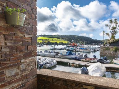 A marina with multiple boats docked and green hills in the background at 7 Island Quay in Salcombe
