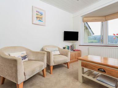 A sitting area with two armchairs a wooden coffee table a wall-mounted TV and a window at 7 Island Quay in Salcombe