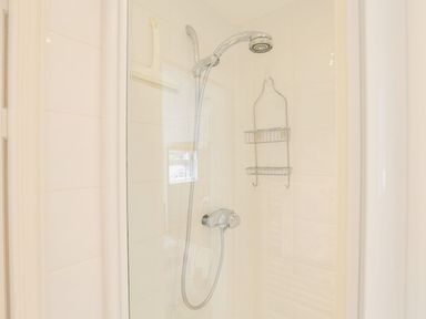 A shower area with a handheld showerhead and a wall-mounted metal rack at 7 Island Quay in Salcombe