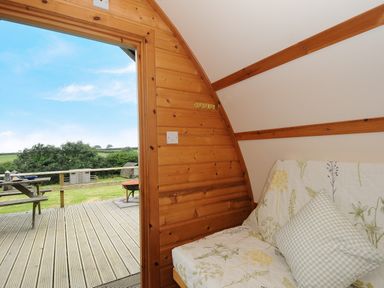 A wooden cabin interior with a floral sofa and an open door leading to a deck with a picnic table and field view at Sheep Shed Penbugle Organic Farm St Keyne near Looe