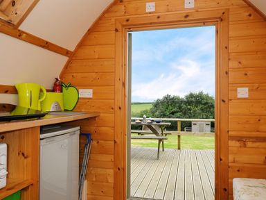 A wooden kitchen interior with a small refrigerator kettle toaster and fire extinguisher with a door opening to a deck with a picnic table and green landscape at Sheep Shed Penbugle Organic Farm St Keyne near Looe