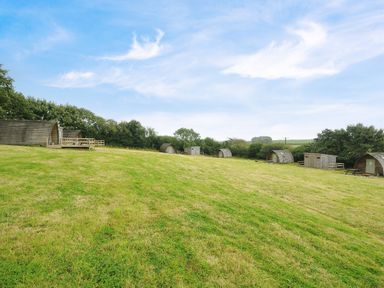 A grassy field with several small wooden cabins and sheds surrounded by trees at Sheep Shed @ Penbugle Organic Farm in St Keyne near Looe