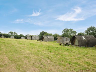A grassy field with wooden camping pods and picnic benches under a blue sky at Sheep Shed Penbugle Organic Farm in St Keyne near Looe