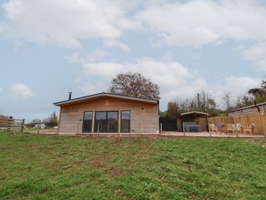 A wooden cabin with glass doors and a fenced yard beside outdoor seating at Elliw in Bontuchel near Ruthin