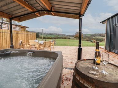 An outdoor hot tub under a wooden shelter with wooden chairs and table on a patio overlooking a green field at Elliw in Bontuchel near Ruthin