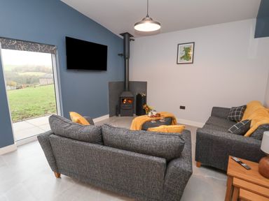 A living room with two grey sofas a wood stove and a wall mounted television at Elliwi in Bontuchel near Ruthin