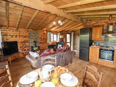 An open living space with a kitchen area dining table with plates and glasses a sofa armchair television and wood stove at Stag Lodge Holiday Retreat Whitby