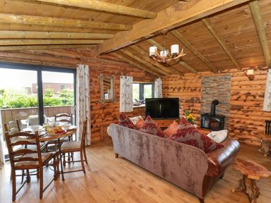 A wooden living room with a dining table set by a glass door and a sofa facing a TV and a fireplace at Stag Lodge Holiday Retreat Whitby