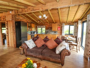 A wooden cabin living room with a brown sofa and kitchen in the background at Stag Lodge Holiday Retreat Whitby