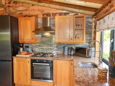 A kitchen with wooden cabinets a black oven and stove a granite countertop a stainless steel refrigerator and a window at Stag Lodge Holiday Retreat Whitby