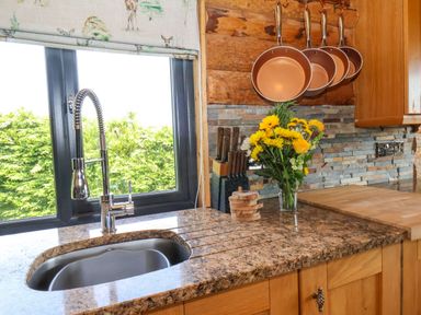 A kitchen counter with a sink a vase of yellow flowers hanging pans and a window at Stag Lodge Holiday Retreat Whitby