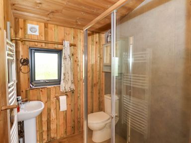 A bathroom with a toilet sink shower and wooden walls at Stag Lodge Holiday Retreat Whitby