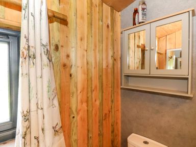 A bathroom with wooden panel walls a white shower curtain with animal prints a mirrored cabinet and a toilet at Stag Lodge Holiday Retreat Whitby