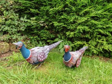 Two decorative pheasant bird statues on grass with green bushes in the background at Stag Lodge Holiday Retreat in Whitby