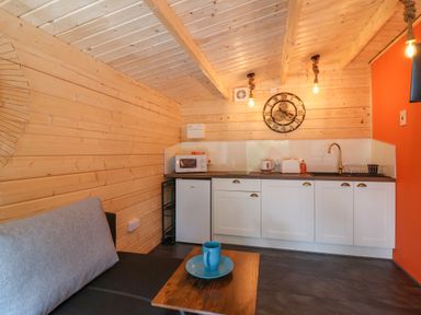 A small kitchen area with white cabinets a microwave toaster kettle and a clock on the wooden wall at Log Cabin - Amber Glow in Glastonbury