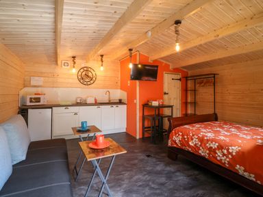 A wooden cabin interior with a bed, sofa, kitchenette, wall clock, and a mounted television at Log Cabin - Amber Glow in Glastonbury