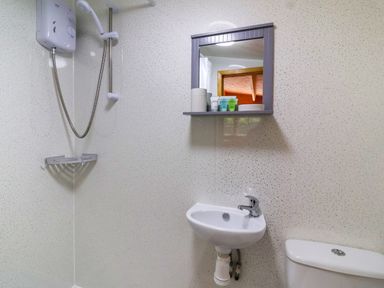 A bathroom with a shower unit left a small sink center below a mirror above a toilet right at Log Cabin - Amber Glow in Glastonbury