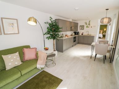 An open plan living area with a green sofa and throw pillows a modern kitchen and a dining table with chairs at The Croft in Shipston-On-Stour