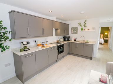A kitchen with grey cabinets a stove an oven a sink and kitchen appliances at The Croft in Shipston-On-Stour