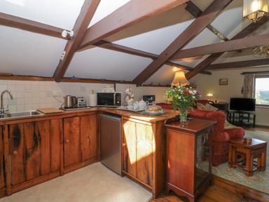 A kitchen area with wooden cabinets kettle toaster microwave and a living room with a sofa table and television at Beckaford Cottage in Bovey Tracey