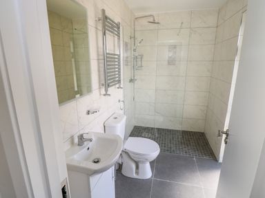 A bathroom with a sink, toilet, and walk-in shower at Cushranny Mulranny County Mayo