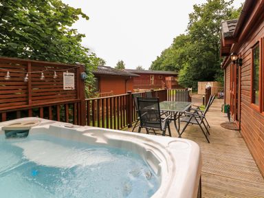 An outdoor deck area with a hot tub and a glass table with chairs next to a wooden cabin at Templar Rise 16 - Devon Comfort in Finlakes Holiday Park near Chudleigh
