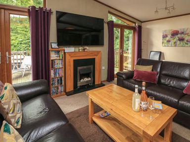 A living room with two leather sofas a wooden coffee table a fireplace and a large wall-mounted tv at Templar Rise 16 - Devon Comfort in Finlakes Holiday Park near Chudleigh