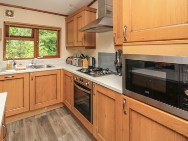 A kitchen with wood cabinets a gas stove an oven a microwave and a window with a view of greenery at Templar Rise 16 - Devon Comfort Finlakes Holiday Park near Chudleigh