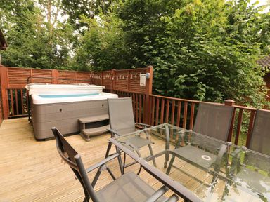 An outdoor wooden deck with a hot tub and a glass table with chairs surrounded by trees at Templar Rise 16 - Devon Comfort in Finlakes Holiday Park near Chudleigh