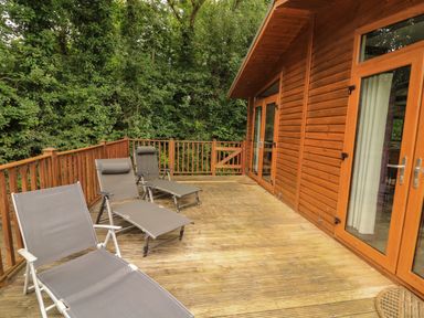 A wooden deck with three gray lounge chairs next to a wooden building with glass doors surrounded by trees at Templar Rise 16 - Devon Comfort Finlakes Holiday Park near Chudleigh