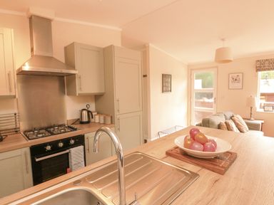 A kitchen with a sink, stove, kettle, and a bowl of fruit on a wooden countertop with a view into a living room at Deer Park 9 - Copse Corner Finlakes Holiday Park near Chudleigh