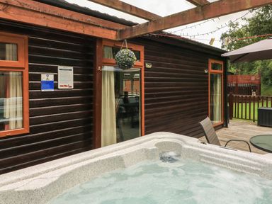 A hot tub on a wooden deck outside a cabin with wooden exterior walls at The Brambles 17 - Conkers Lodge Finlakes Holiday Park near Chudleigh