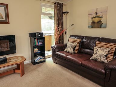 A living room with a brown leather sofa with cushions a wooden coffee table a bookshelf with books and a stereo a tall floor lamp and a wall picture of a boat at The Brambles 17 - Conkers Lodge at Finlakes Holiday Park near Chudleigh