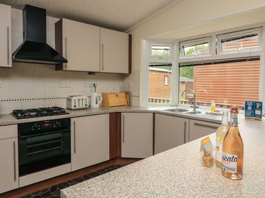 A kitchen with a gas stove oven toaster kettle cutting boards and bottles on the counter at The Brambles 17 - Conkers Lodge Finlakes Holiday Park near Chudleigh