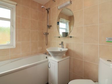 A bathroom with a bathtub shower sink mirror and toilet at The Brambles 17 - Conkers Lodge in Finlakes Holiday Park near Chudleigh