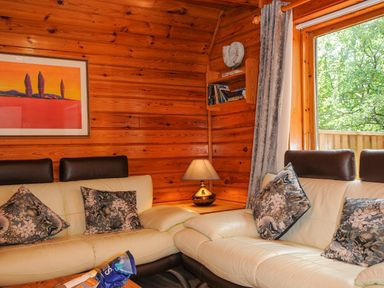 A wooden lounge room with cream leather sofas with floral cushions a lamp on a corner table and a window with a view of trees at Lodge 32 - Cowslip Finlakes Holiday Park near Chudleigh