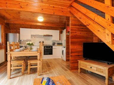 A kitchen and dining area with a wooden table set for meals and a television under a wooden staircase at Lodge 32 - Cowslip in Finlakes Holiday Park near Chudleigh
