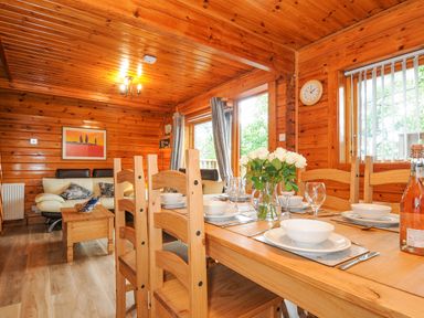 A dining area with a wooden table set with dishes and a vase of white flowers next to a living area with a sofa and wooden coffee table at Lodge 32 - Cowslip in Finlakes Holiday Park near Chudleigh