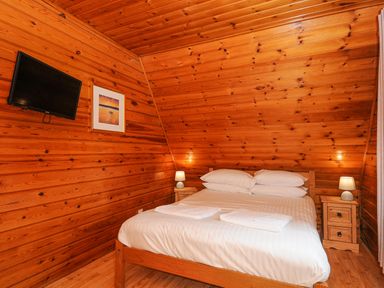 A bedroom with a double bed two bedside tables lamps a wall-mounted TV and a framed picture on wooden walls at Lodge 32 - Cowslip Finlakes Holiday Park near Chudleigh