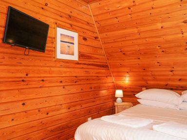 A bedroom with wooden walls a bed with white linens a small bedside table with a lamp a wall-mounted television and a framed picture at Lodge 32 - Cowslip Finlakes Holiday Park near Chudleigh