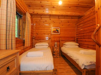 A wooden bedroom with two single beds a nightstand and a window with curtains at Lodge 32 - Cowslip in Finlakes Holiday Park near Chudleigh