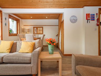 A living room with a sofa yellow cushions a table with a vase of flowers and dining chairs at Lodge 45 - Lazy Bear in Finlakes Holiday Park near Chudleigh
