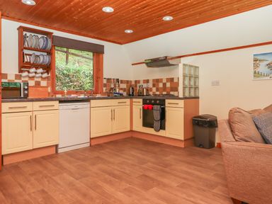 A kitchen with cream cabinets appliances and a window next to a brown sofa at Lodge 45 - Lazy Bear in Finlakes Holiday Park near Chudleigh