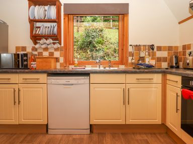 A kitchen with cream cabinets a dishwasher a window with a view of greenery and various appliances at Lodge 45 - Lazy Bear Finlakes Holiday Park near Chudleigh